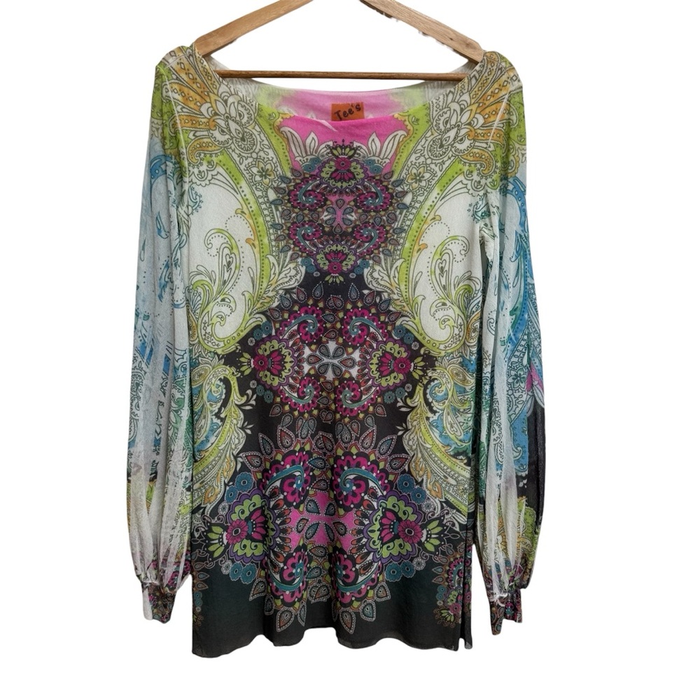 Tee’s By Viviana G Y2K Printed Blouse Top Women Medium Boho Semi-Sheer